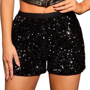 Womens Sequin Shorts Elastic High Waisted Sparkly Straight Legs Shorts 2025 Glitter Sparkle Party Shorts