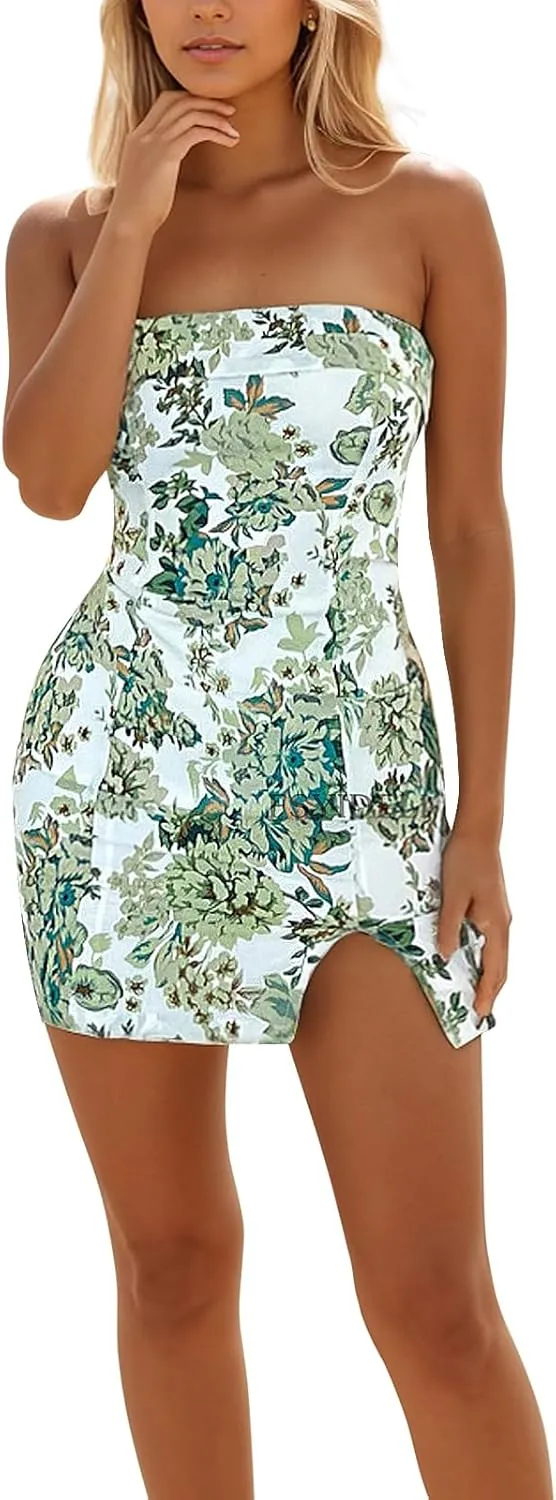 Women's Sexy Tube Dress Summer Y2K Floral Print Strapless Bodycon Mini Dress Date Night Party Club Bandeau Short Dresses