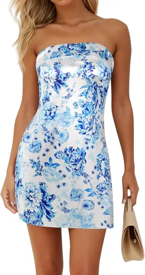 Women's Sexy Tube Dress Summer Y2K Floral Print Strapless Bodycon Mini Dress Date Night Party Club Bandeau Short Dresses