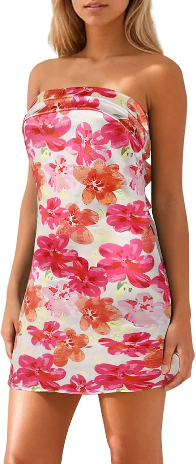 Women's Sexy Tube Dress Summer Y2K Floral Print Strapless Bodycon Mini Dress Date Night Party Club Bandeau Short Dresses