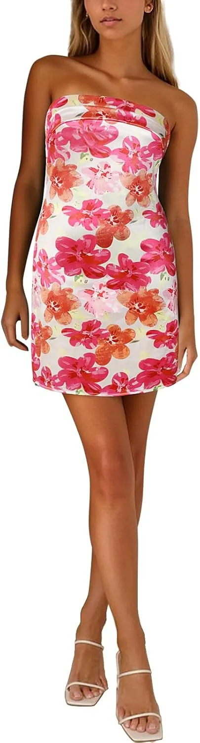 Women's Sexy Tube Dress Summer Y2K Floral Print Strapless Bodycon Mini Dress Date Night Party Club Bandeau Short Dresses