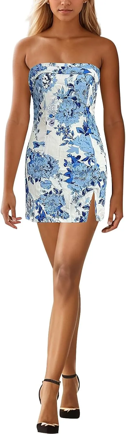 Women's Sexy Tube Dress Summer Y2K Floral Print Strapless Bodycon Mini Dress Date Night Party Club Bandeau Short Dresses