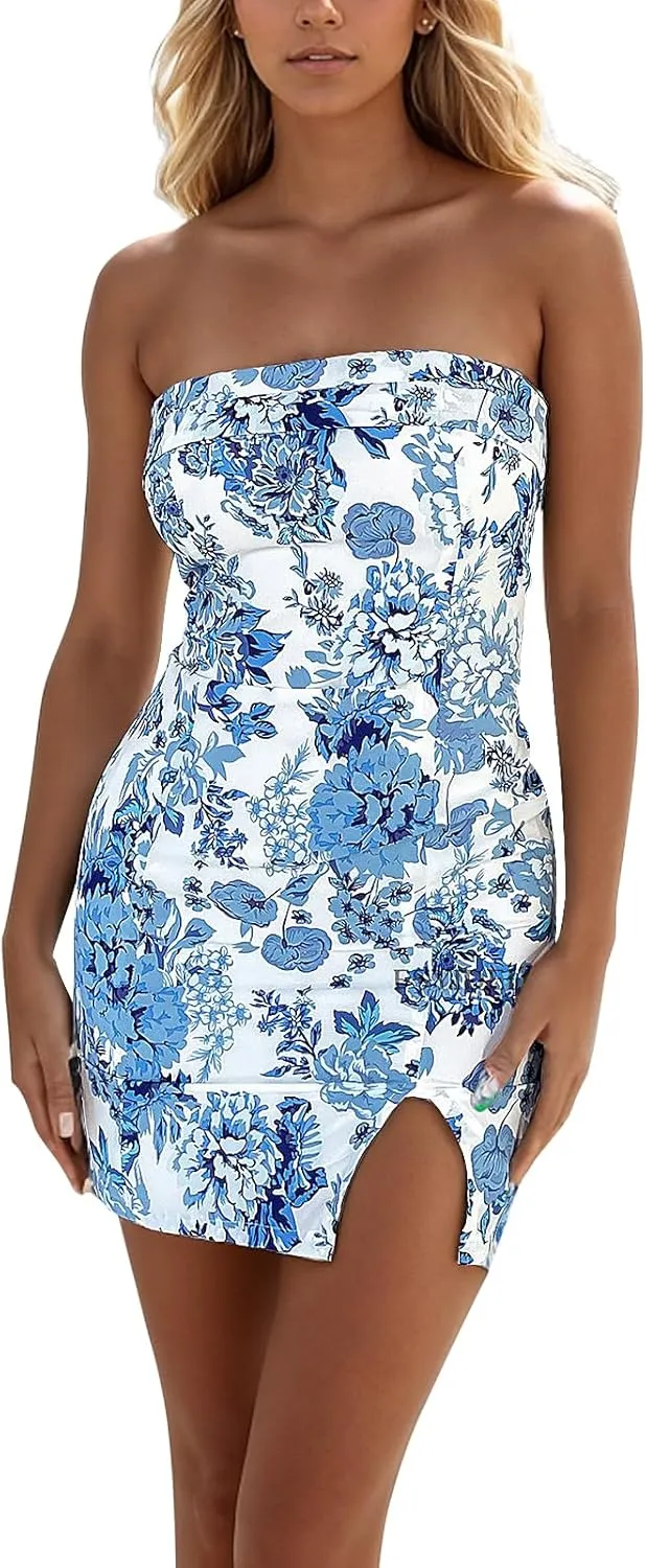 Women's Sexy Tube Dress Summer Y2K Floral Print Strapless Bodycon Mini Dress Date Night Party Club Bandeau Short Dresses