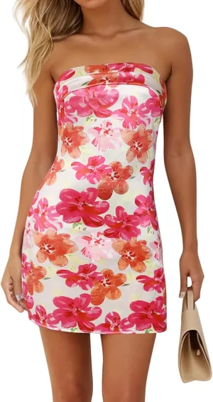 Women's Sexy Tube Dress Summer Y2K Floral Print Strapless Bodycon Mini Dress Date Night Party Club Bandeau Short Dresses