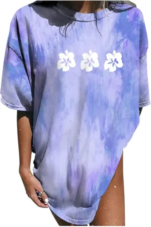Womens Short Sleeve Tops Crewneck Tie Dye Shirts Oversized Tees T-Shirt Trendy Shirts Blouse Graphic Funny T Shirts