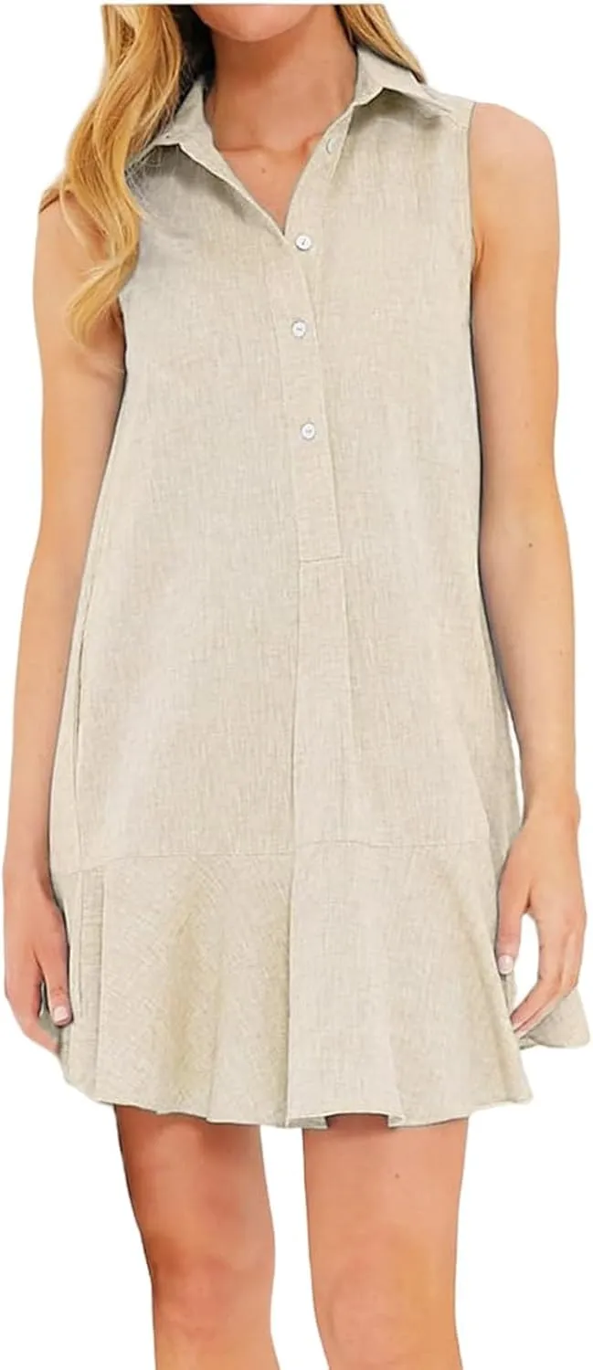 Womens Sleeveless Shirt Dress Lapel Half Nail Buckle Mini Dresses Ruffle Hem Summer Casual Beach Vacation Dress