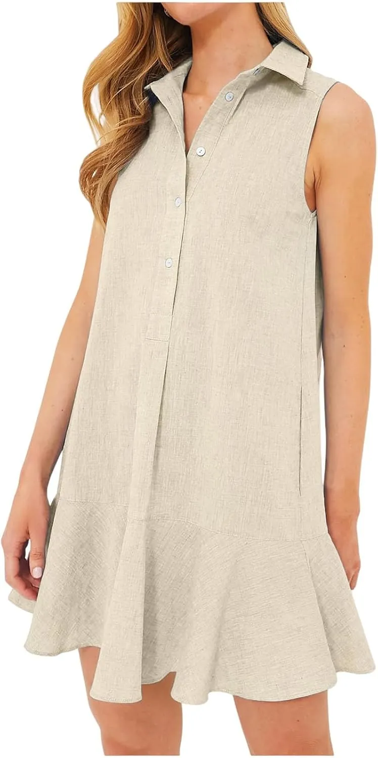 Womens Sleeveless Shirt Dress Lapel Half Nail Buckle Mini Dresses Ruffle Hem Summer Casual Beach Vacation Dress