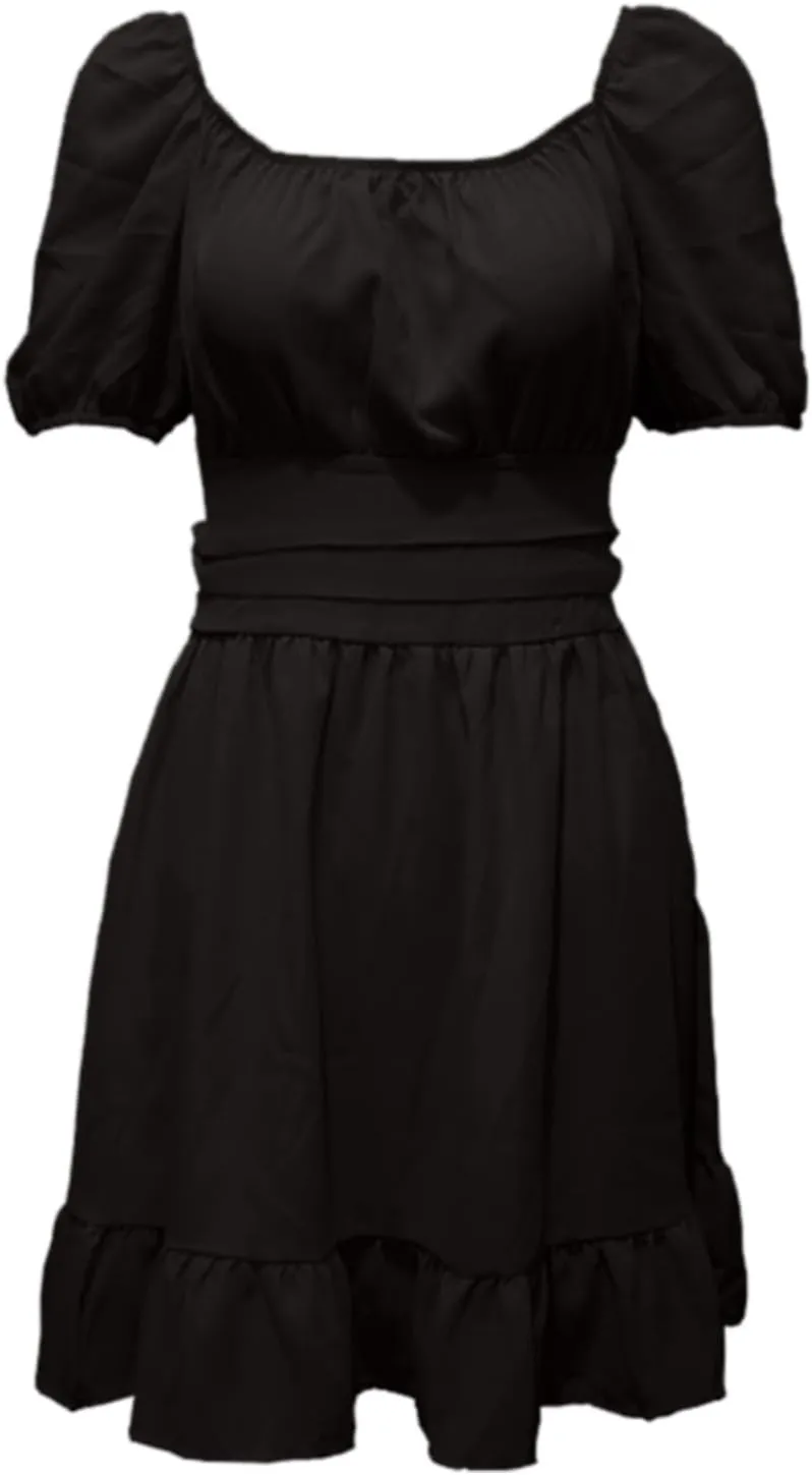 Women's Smocked Ruffle Mini Dresses Long Sleeve Square Neck High Waist Ruffle Hem Flowy Casual Party Dress