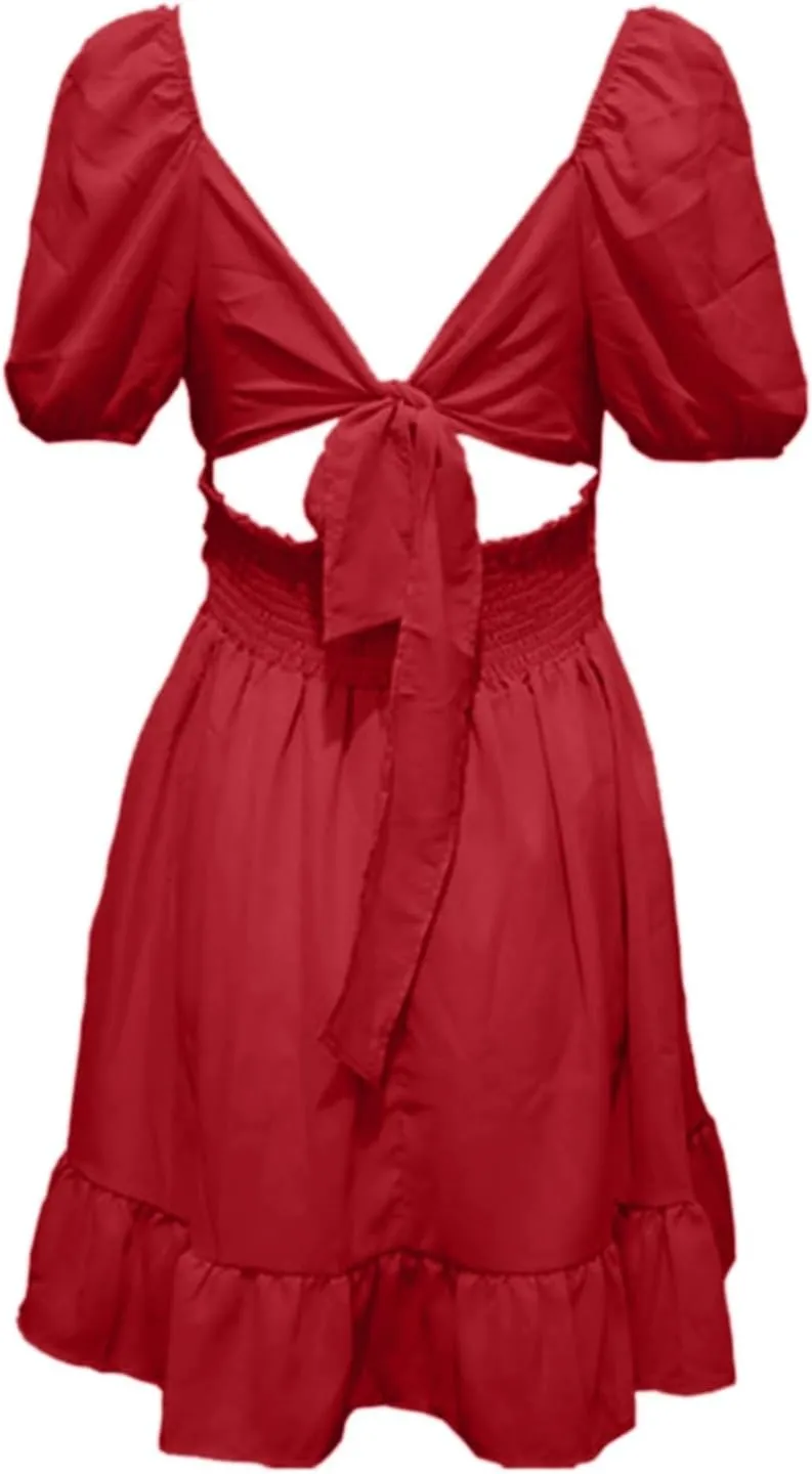 Women's Smocked Ruffle Mini Dresses Long Sleeve Square Neck High Waist Ruffle Hem Flowy Casual Party Dress