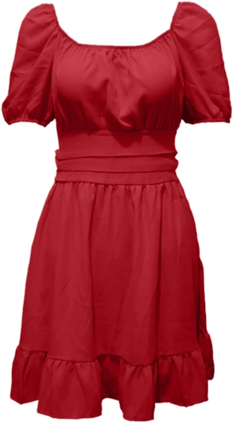 Women's Smocked Ruffle Mini Dresses Long Sleeve Square Neck High Waist Ruffle Hem Flowy Casual Party Dress