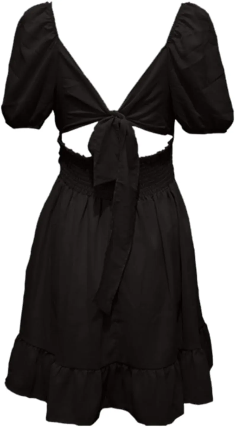Women's Smocked Ruffle Mini Dresses Long Sleeve Square Neck High Waist Ruffle Hem Flowy Casual Party Dress