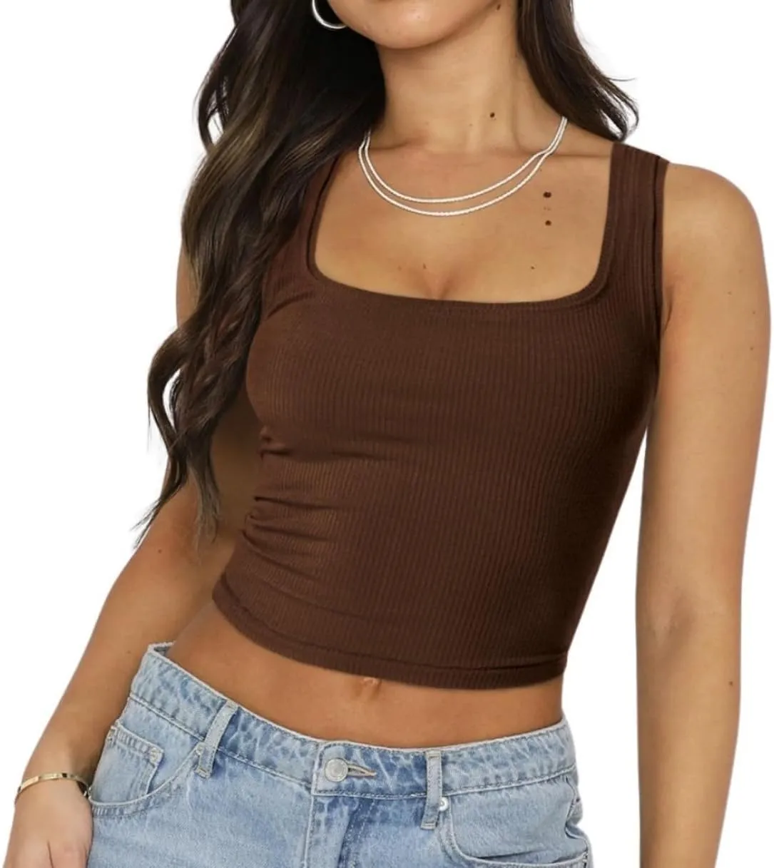 Women's Square Neck Tank Tops Ribbed Seamless Workout Exercise Shirts Sleeveless Yoga Crop Tops