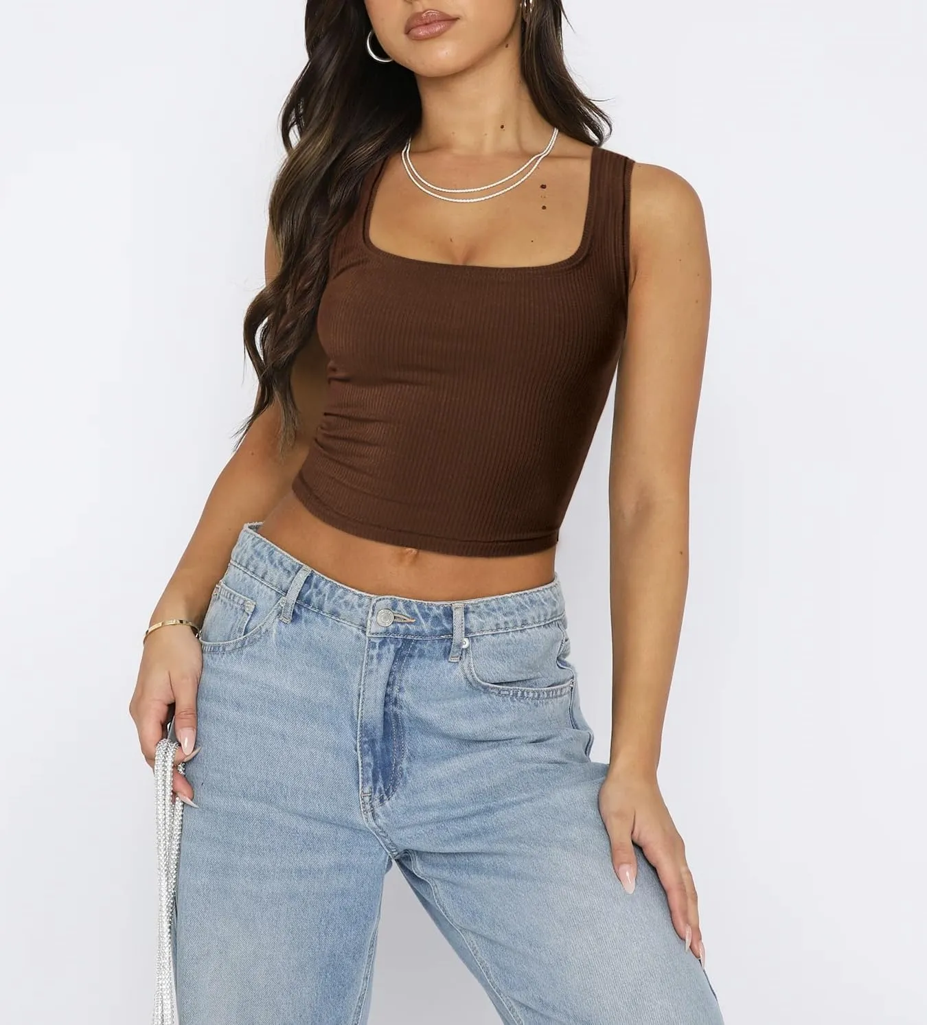Women's Square Neck Tank Tops Ribbed Seamless Workout Exercise Shirts Sleeveless Yoga Crop Tops
