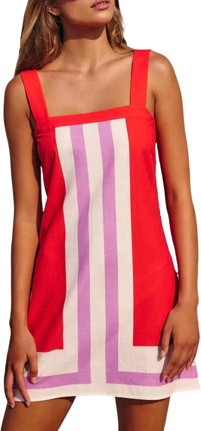 Women's Striped Mini Dress Fashion Boho Shoulder Strap Sundress Sleeveless Backless Beach Cover Up Dress for Beach