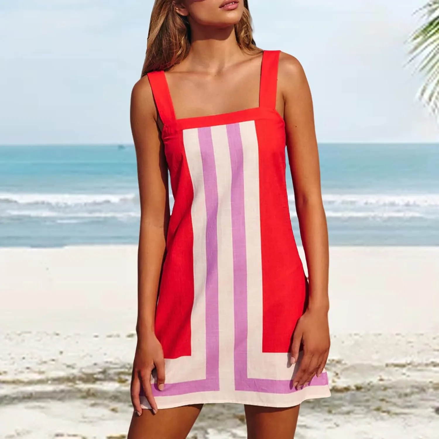 Women's Striped Mini Dress Fashion Boho Shoulder Strap Sundress Sleeveless Backless Beach Cover Up Dress for Beach