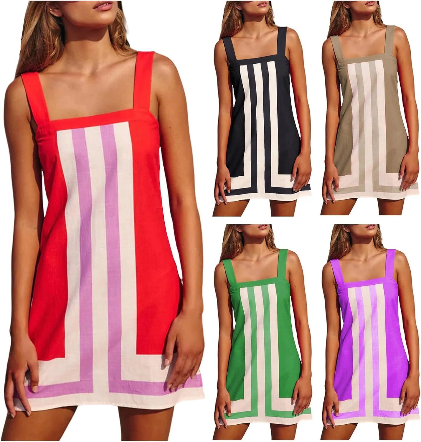 Women's Striped Mini Dress Fashion Boho Shoulder Strap Sundress Sleeveless Backless Beach Cover Up Dress for Beach