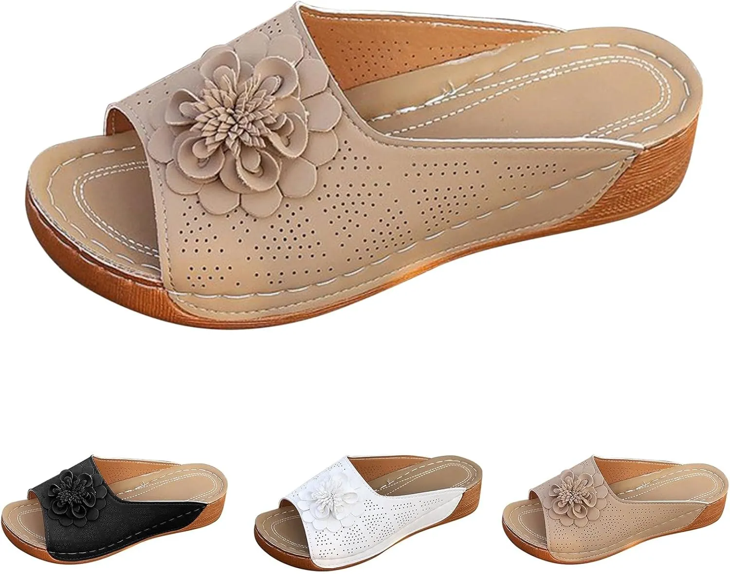 Womens Summer Beach Sandals Open Toe Wedge Sandals with arch support Comfortable Slip On Flower Dress Shoes Wide Width Fish Mouth House Slippers