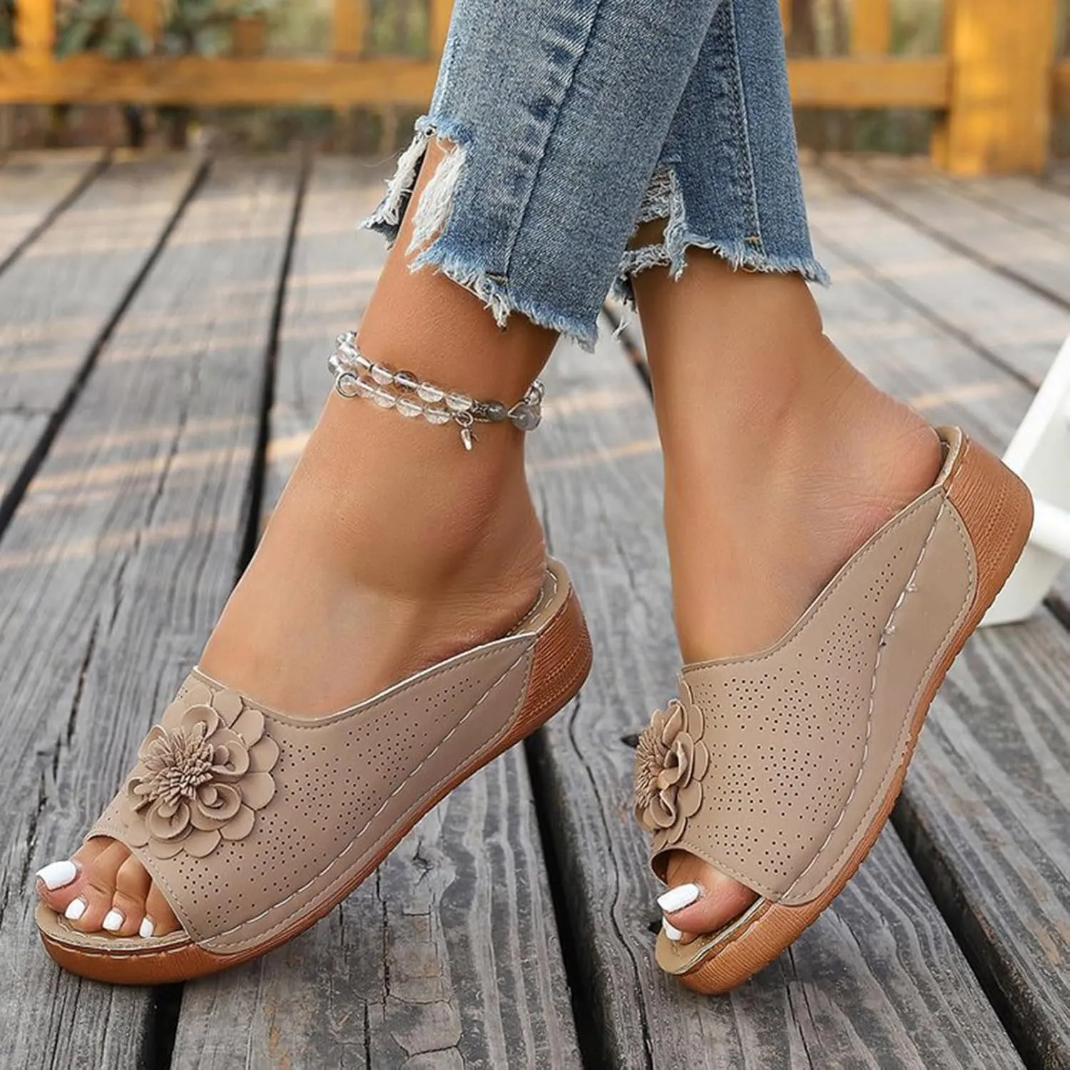 Womens Summer Beach Sandals Open Toe Wedge Sandals with arch support Comfortable Slip On Flower Dress Shoes Wide Width Fish Mouth House Slippers