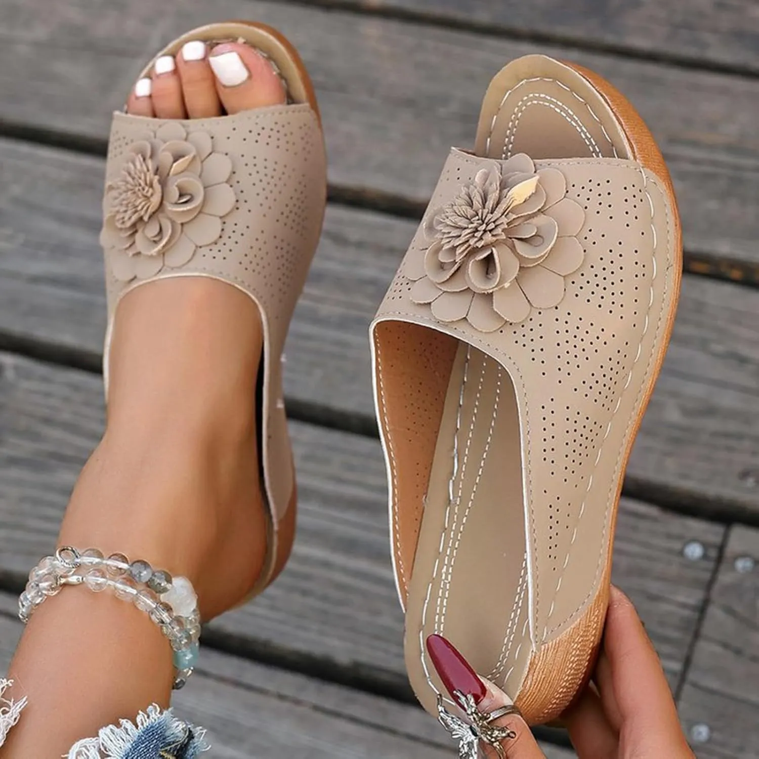 Womens Summer Beach Sandals Open Toe Wedge Sandals with arch support Comfortable Slip On Flower Dress Shoes Wide Width Fish Mouth House Slippers