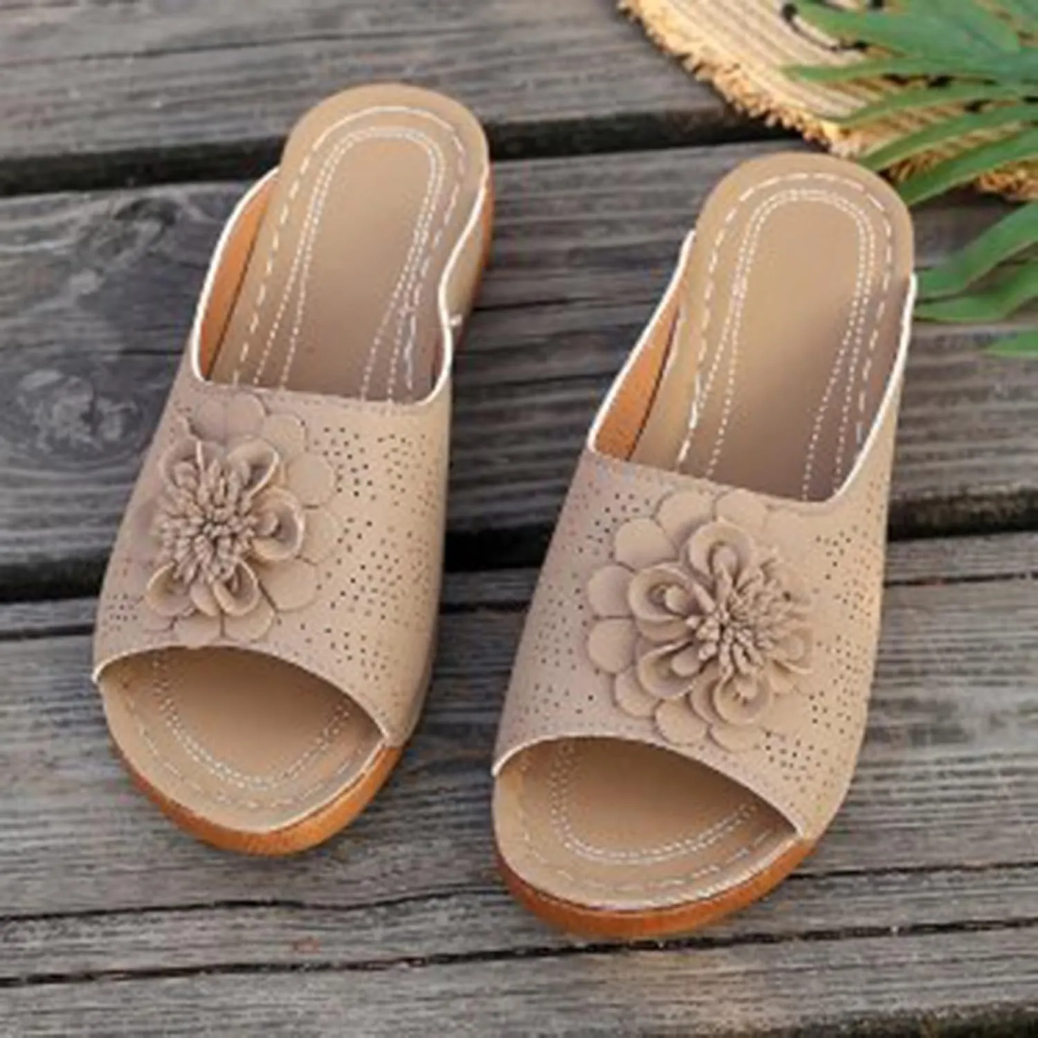 Womens Summer Beach Sandals Open Toe Wedge Sandals with arch support Comfortable Slip On Flower Dress Shoes Wide Width Fish Mouth House Slippers