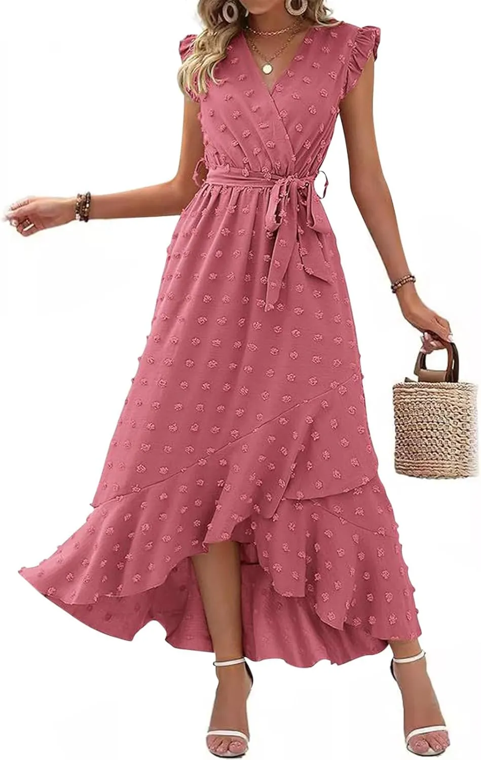 Womens Summer Wrap Maxi Dress Casual Boho V Neck Ruffle Short Sleeve Ruffle Hem Split Beach Long Dresses