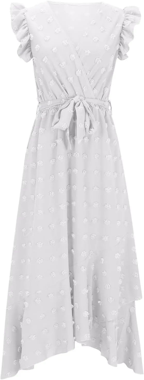 Womens Summer Wrap Maxi Dress Casual Boho V Neck Ruffle Short Sleeve Ruffle Hem Split Beach Long Dresses