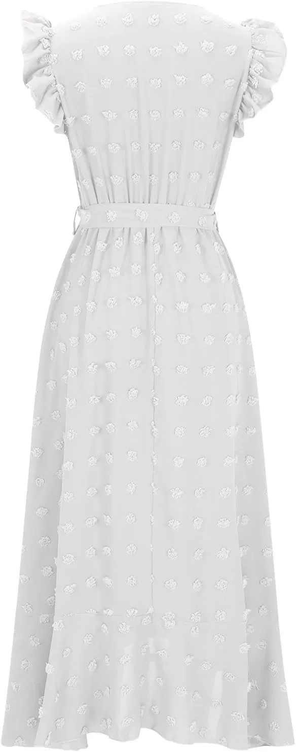 Womens Summer Wrap Maxi Dress Casual Boho V Neck Ruffle Short Sleeve Ruffle Hem Split Beach Long Dresses