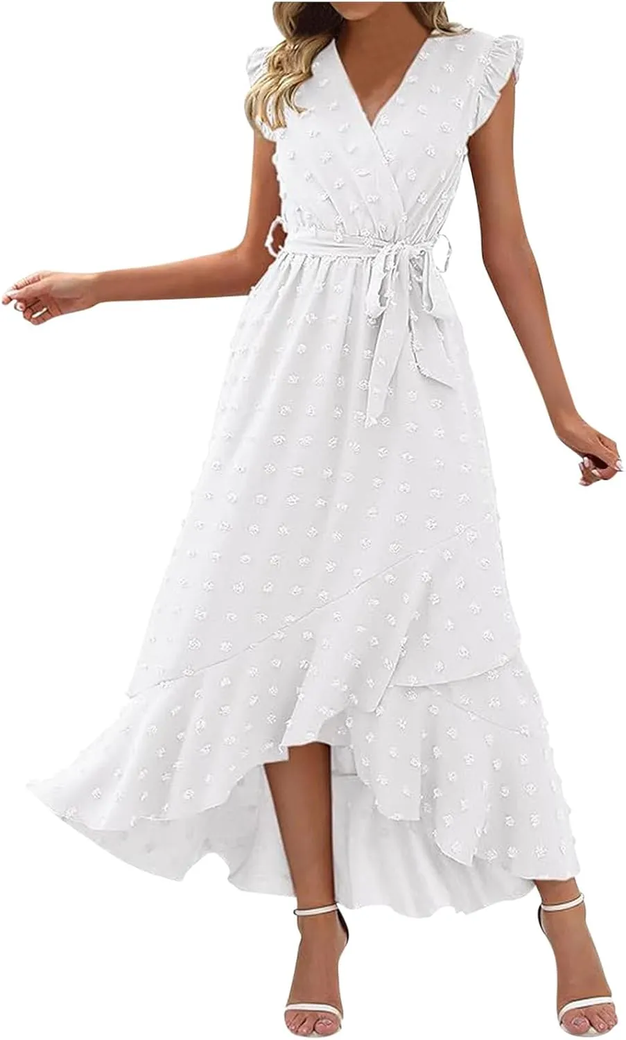 Womens Summer Wrap Maxi Dress Casual Boho V Neck Ruffle Short Sleeve Ruffle Hem Split Beach Long Dresses