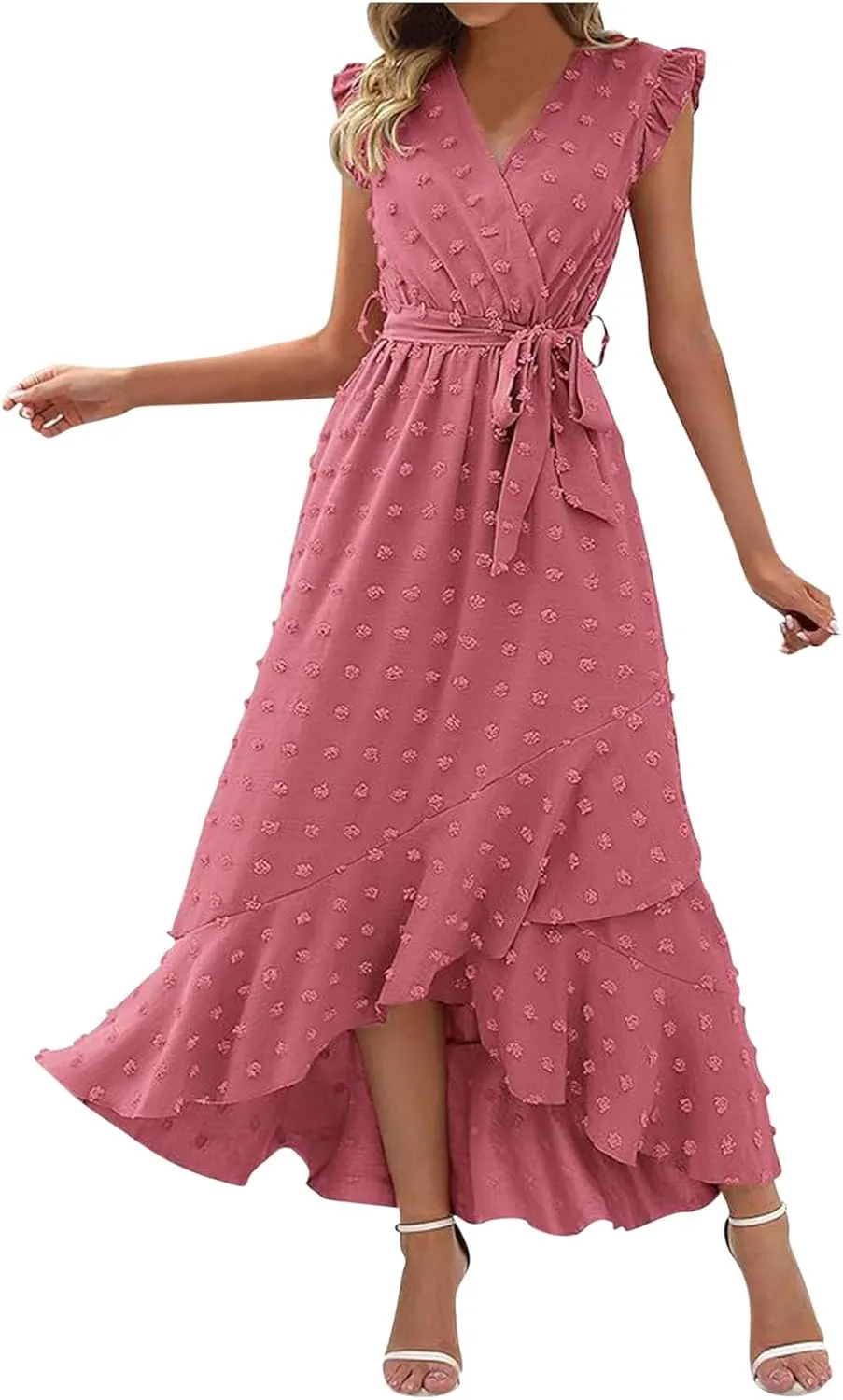 Womens Summer Wrap Maxi Dress Casual Boho V Neck Ruffle Short Sleeve Ruffle Hem Split Beach Long Dresses