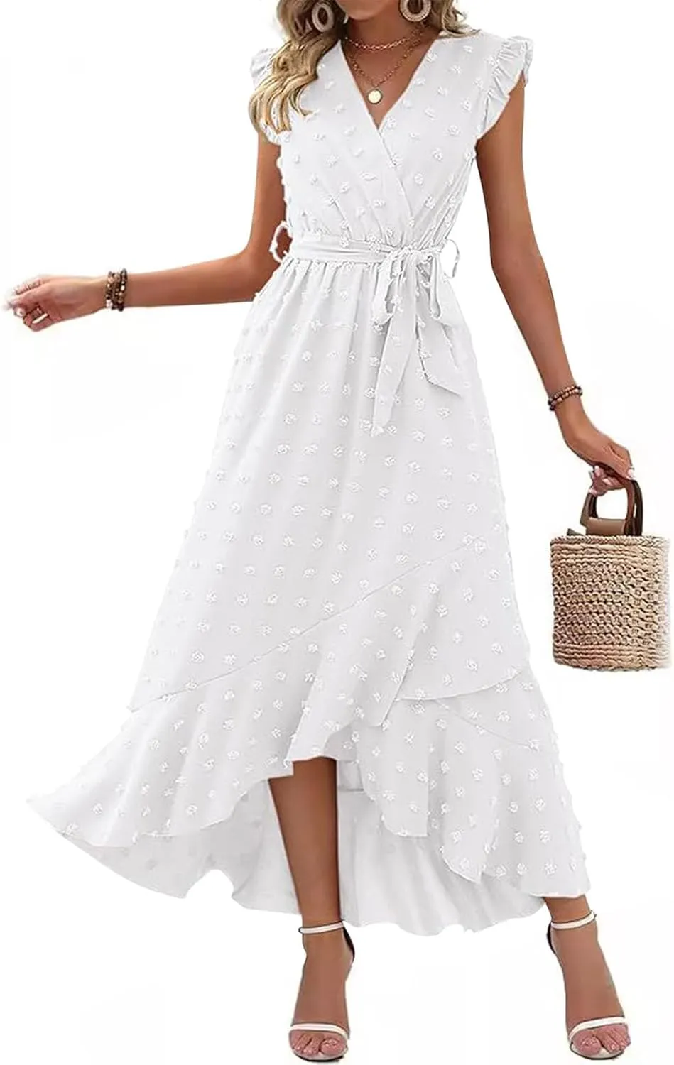 Womens Summer Wrap Maxi Dress Casual Boho V Neck Ruffle Short Sleeve Ruffle Hem Split Beach Long Dresses