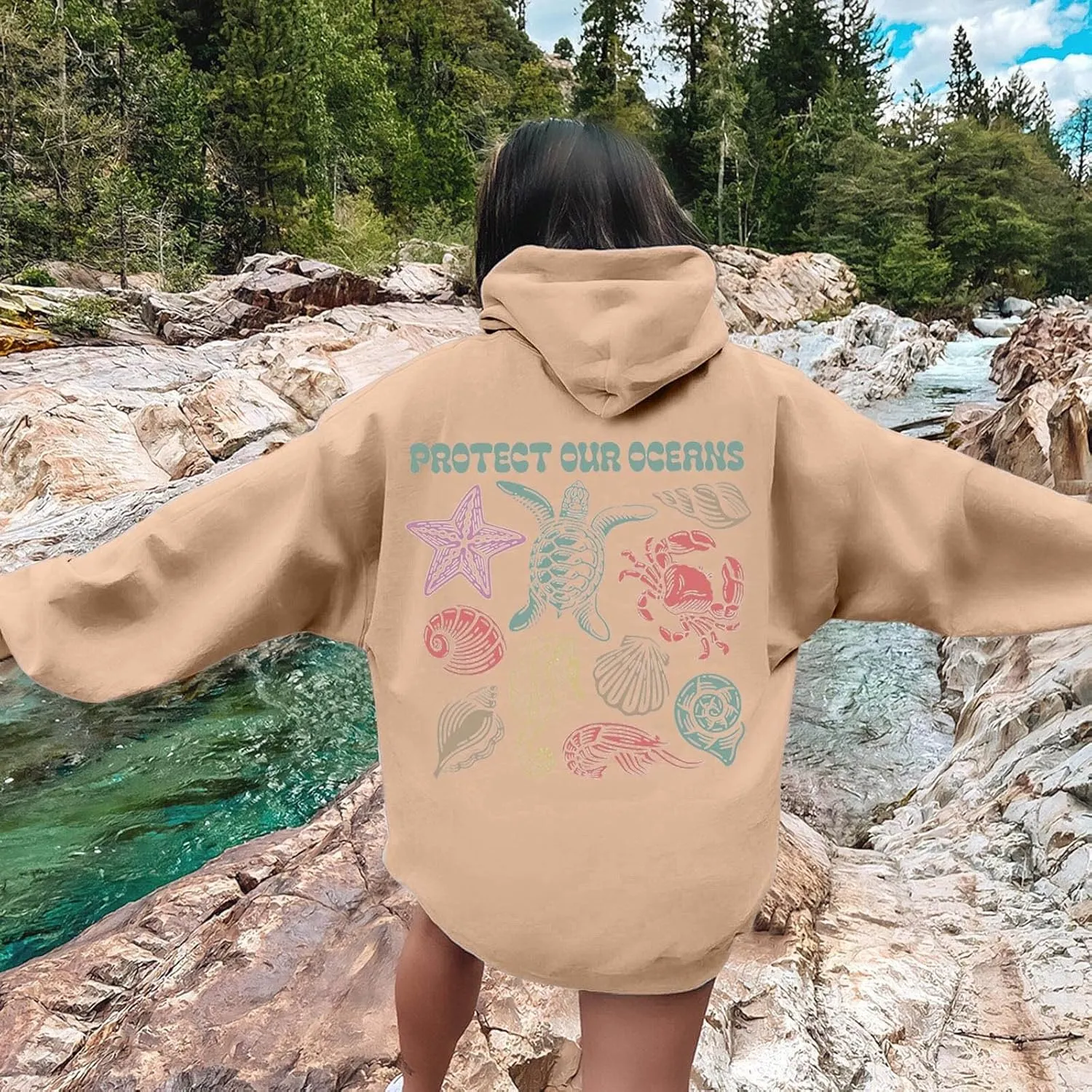 Womens Sweatshirt Graphic Oversized Hoodies Ocean Print Comort Long Sleeve Drawstring Pullover Surfing Hoodie