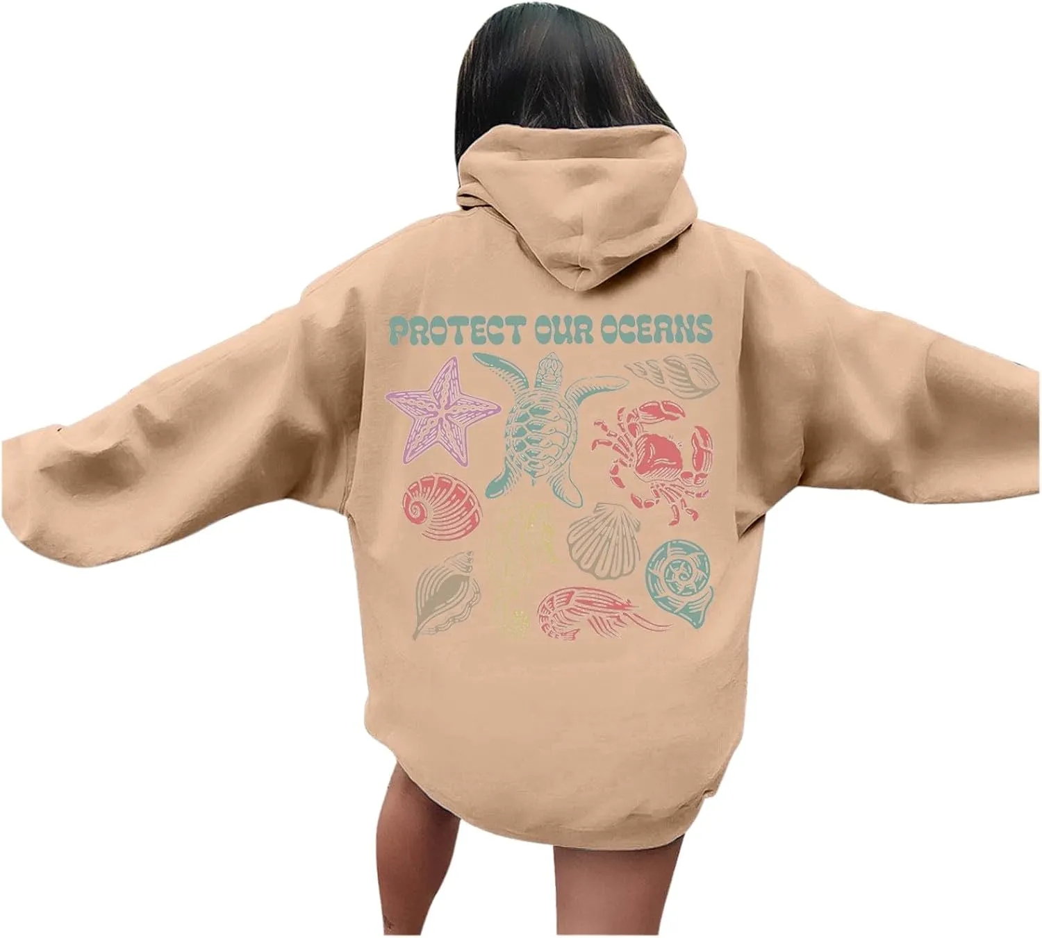 Womens Sweatshirt Graphic Oversized Hoodies Ocean Print Comort Long Sleeve Drawstring Pullover Surfing Hoodie