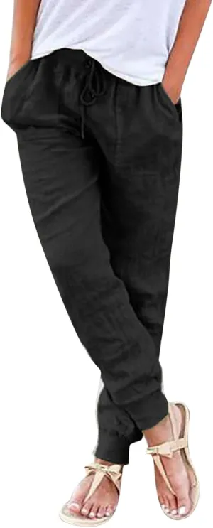 Womens Tapered Pants, Casual Linen Pants Women Drawstring Back Elastic Waist Pants Business Casual Pants Teacher Trousers