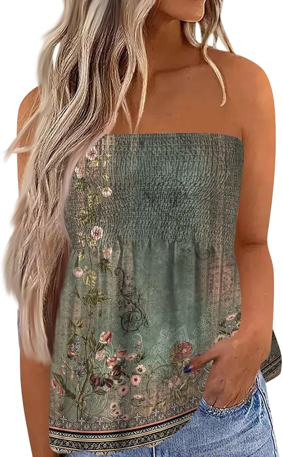 Womens Tube Tops Floral Smocked Ruffled Strapless Striped Tanks Backless Sexy Casual Bandeau Sleeveless Shirt