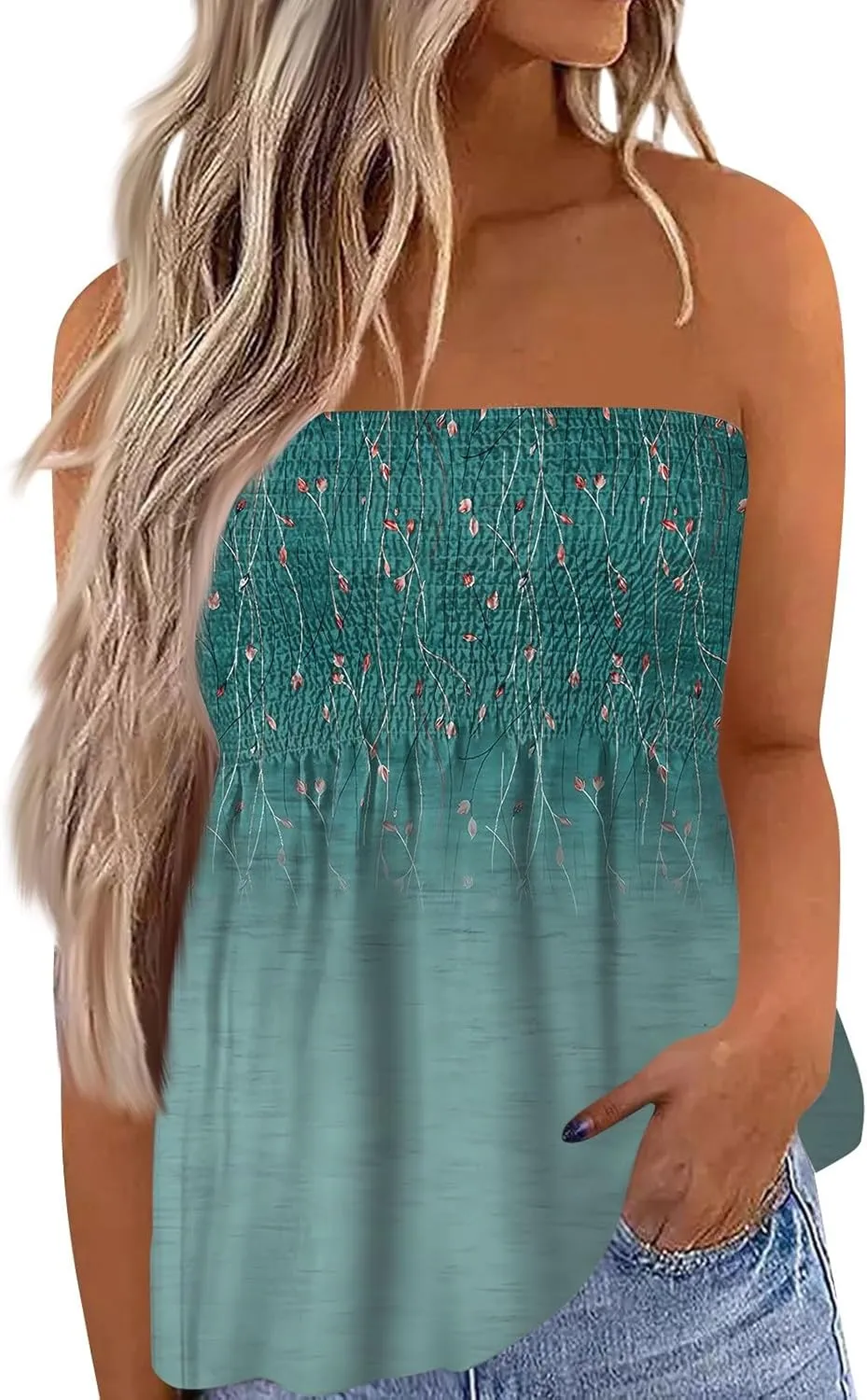 Womens Tube Tops Floral Smocked Ruffled Strapless Striped Tanks Backless Sexy Casual Bandeau Sleeveless Shirt