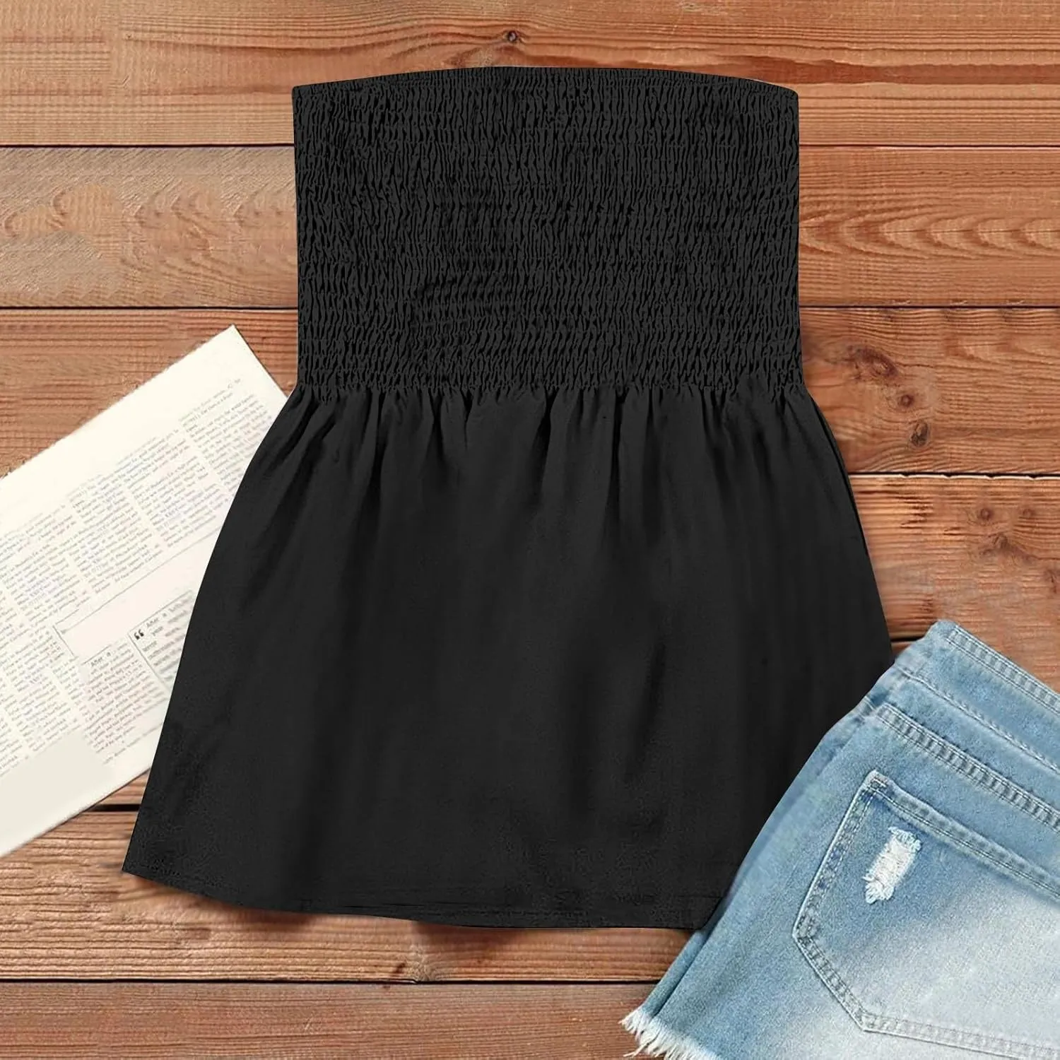 Womens Tube Tops Floral Smocked Ruffled Strapless Striped Tanks Backless Sexy Casual Bandeau Sleeveless Shirt