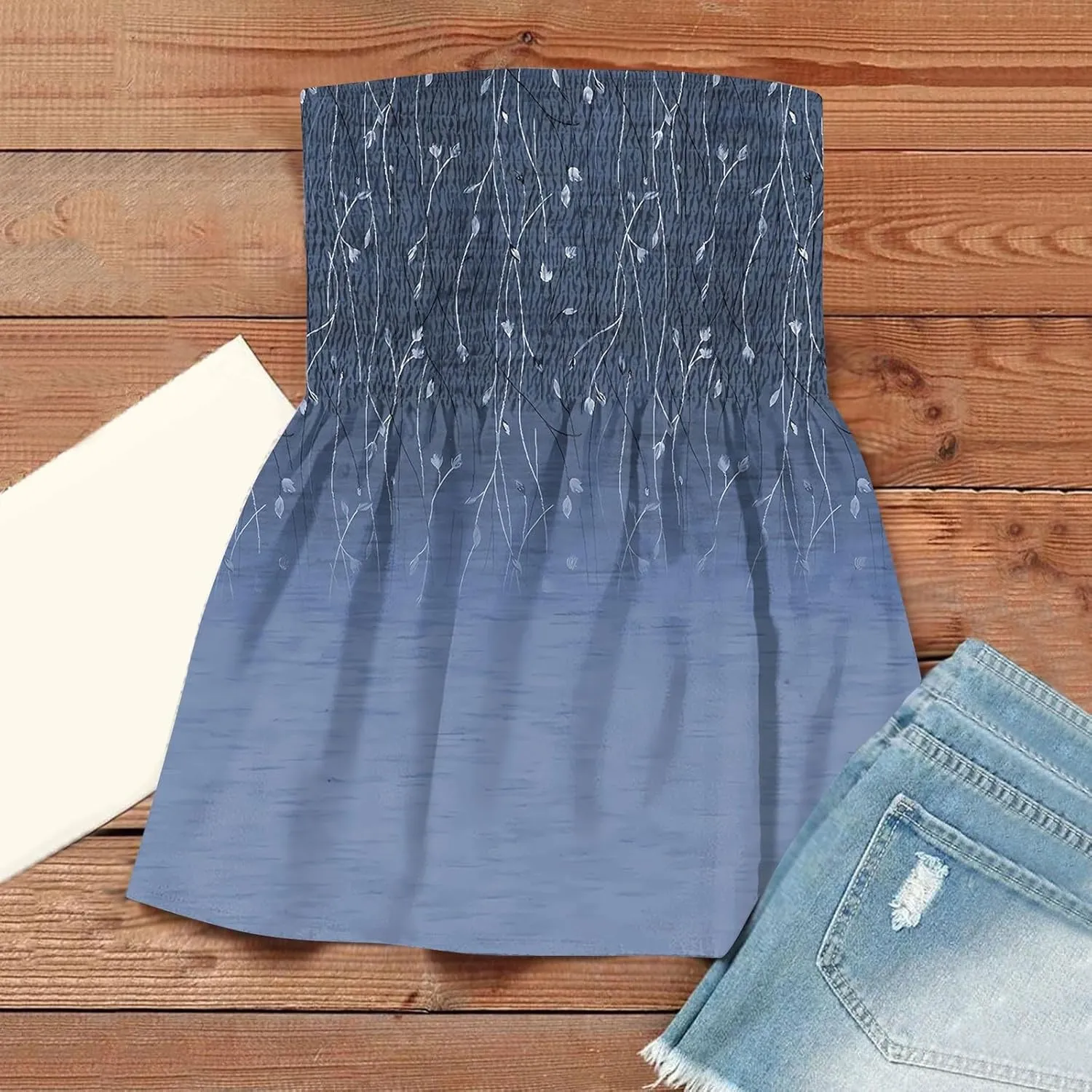 Womens Tube Tops Floral Smocked Ruffled Strapless Striped Tanks Backless Sexy Casual Bandeau Sleeveless Shirt