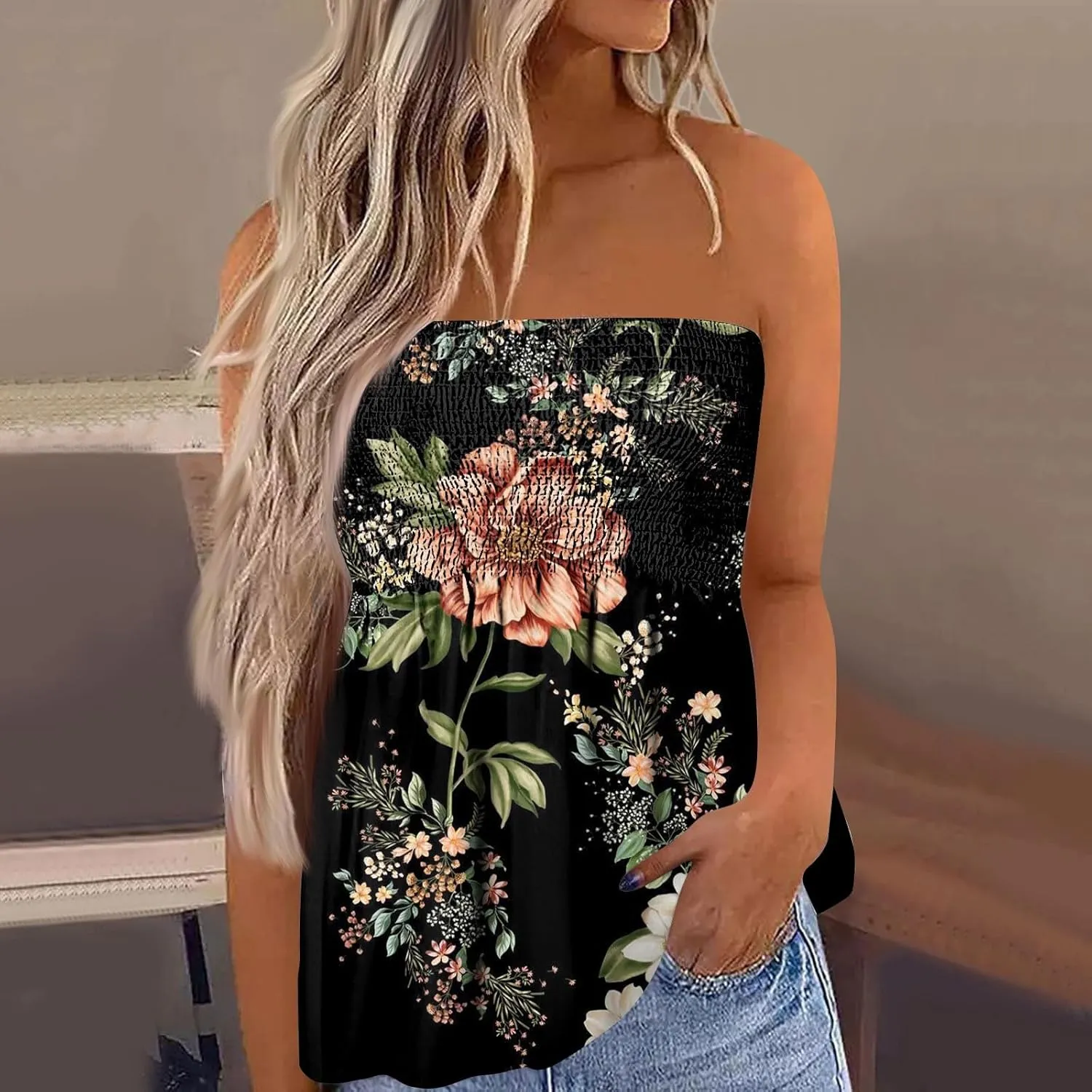 Womens Tube Tops Floral Smocked Ruffled Strapless Striped Tanks Backless Sexy Casual Bandeau Sleeveless Shirt