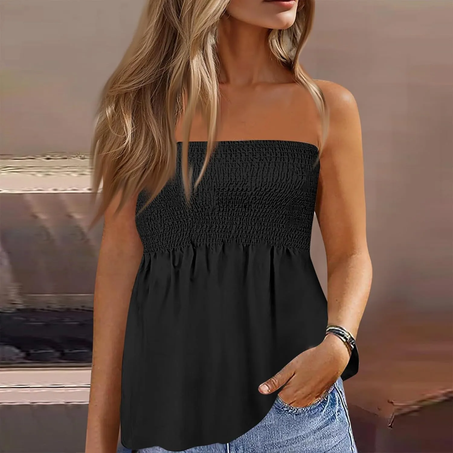 Womens Tube Tops Floral Smocked Ruffled Strapless Striped Tanks Backless Sexy Casual Bandeau Sleeveless Shirt