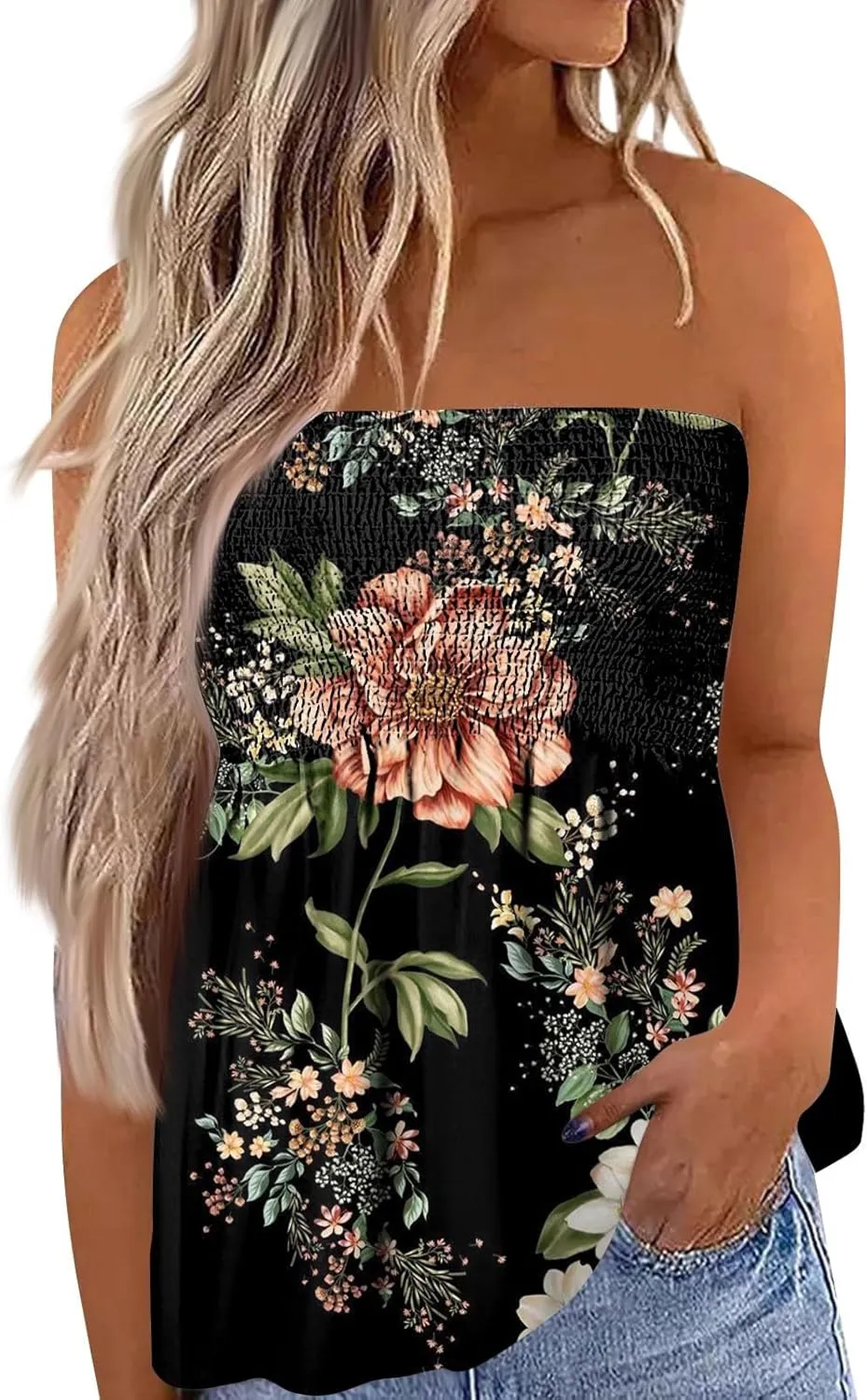 Womens Tube Tops Floral Smocked Ruffled Strapless Striped Tanks Backless Sexy Casual Bandeau Sleeveless Shirt