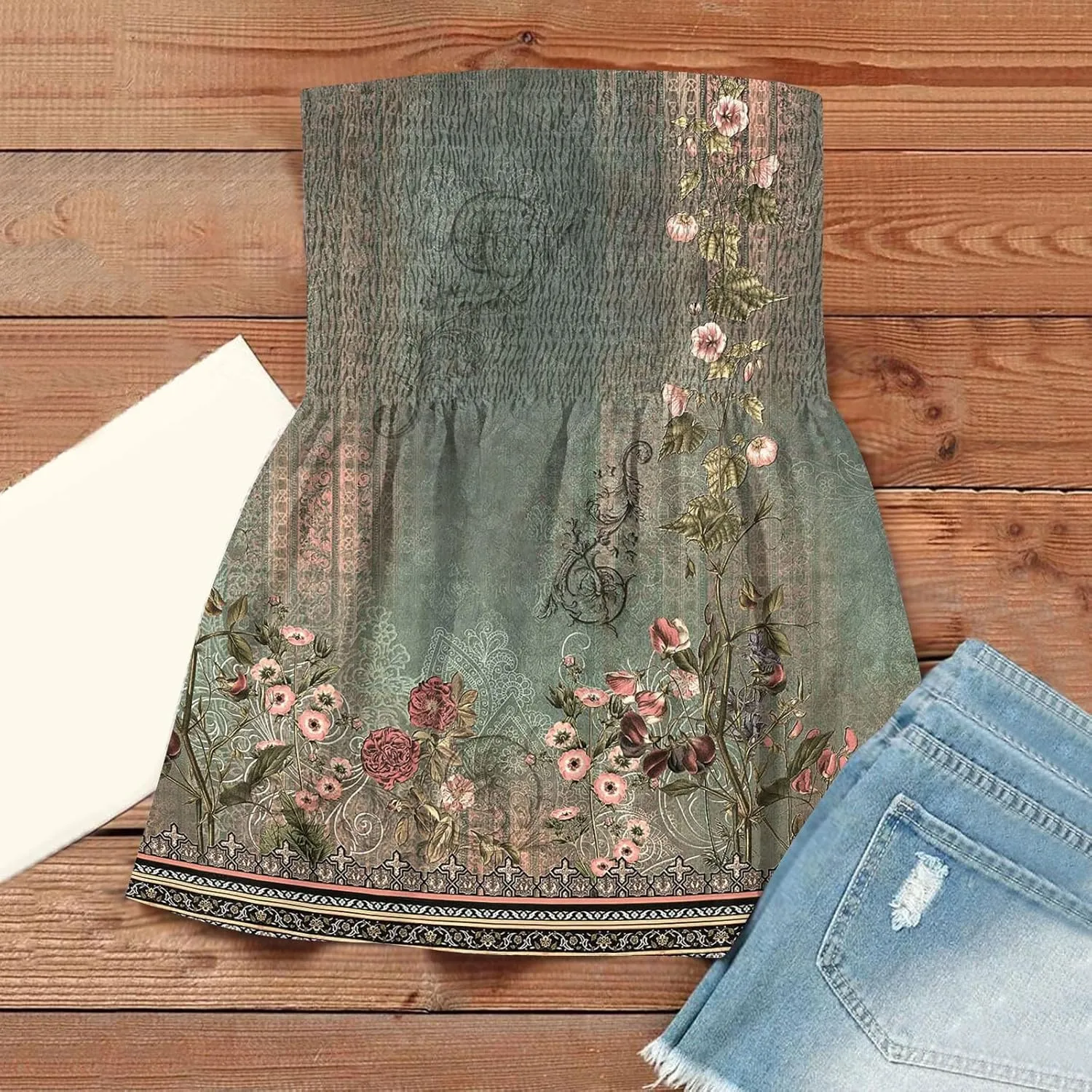 Womens Tube Tops Floral Smocked Ruffled Strapless Striped Tanks Backless Sexy Casual Bandeau Sleeveless Shirt