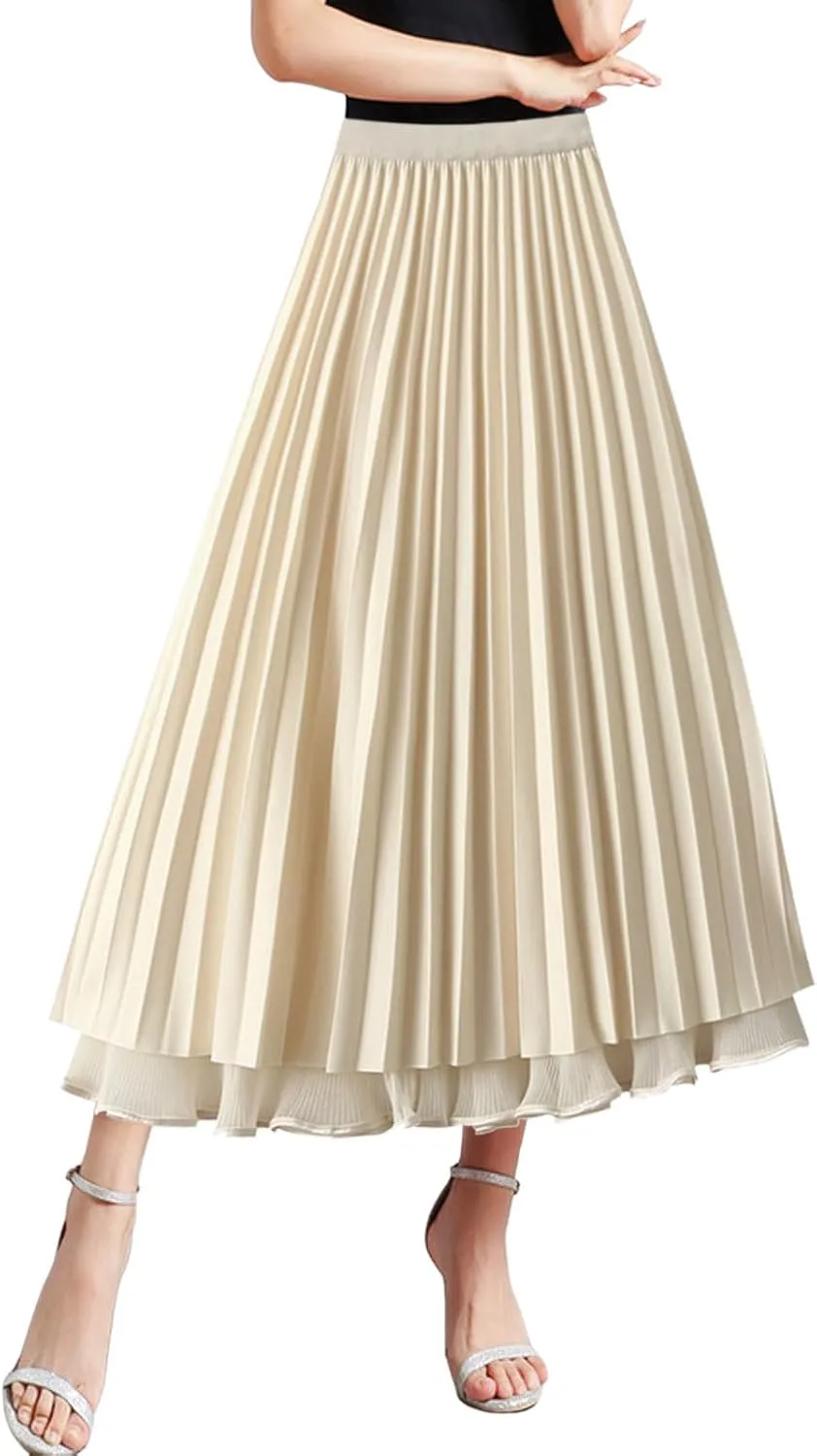 Womens Tulle Ruffle Pleated Skirts Fashion Solid Versatile A Line Maxi Skirt Holiday High Waisted Reversible Skirts