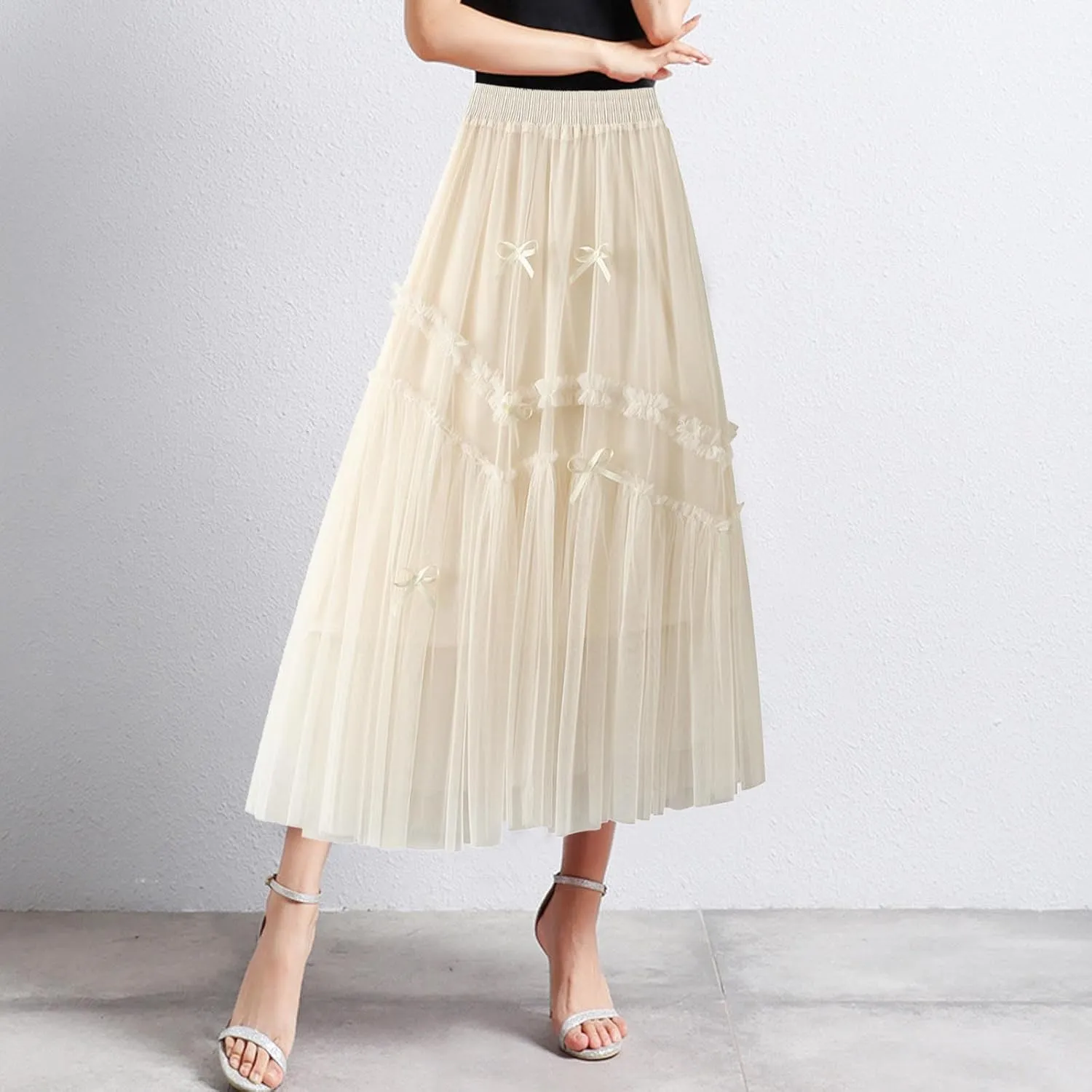 Womens Tulle Ruffle Pleated Skirts Fashion Solid Versatile A Line Maxi Skirt Holiday High Waisted Reversible Skirts
