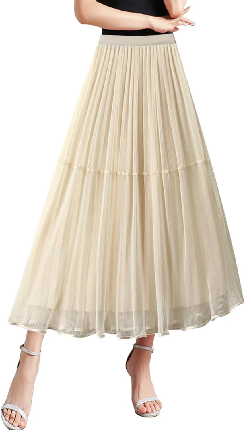 Womens Tulle Ruffle Pleated Skirts Fashion Solid Versatile A Line Maxi Skirt Holiday High Waisted Reversible Skirts
