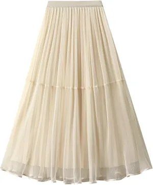 Womens Tulle Ruffle Pleated Skirts Fashion Solid Versatile A Line Maxi Skirt Holiday High Waisted Reversible Skirts