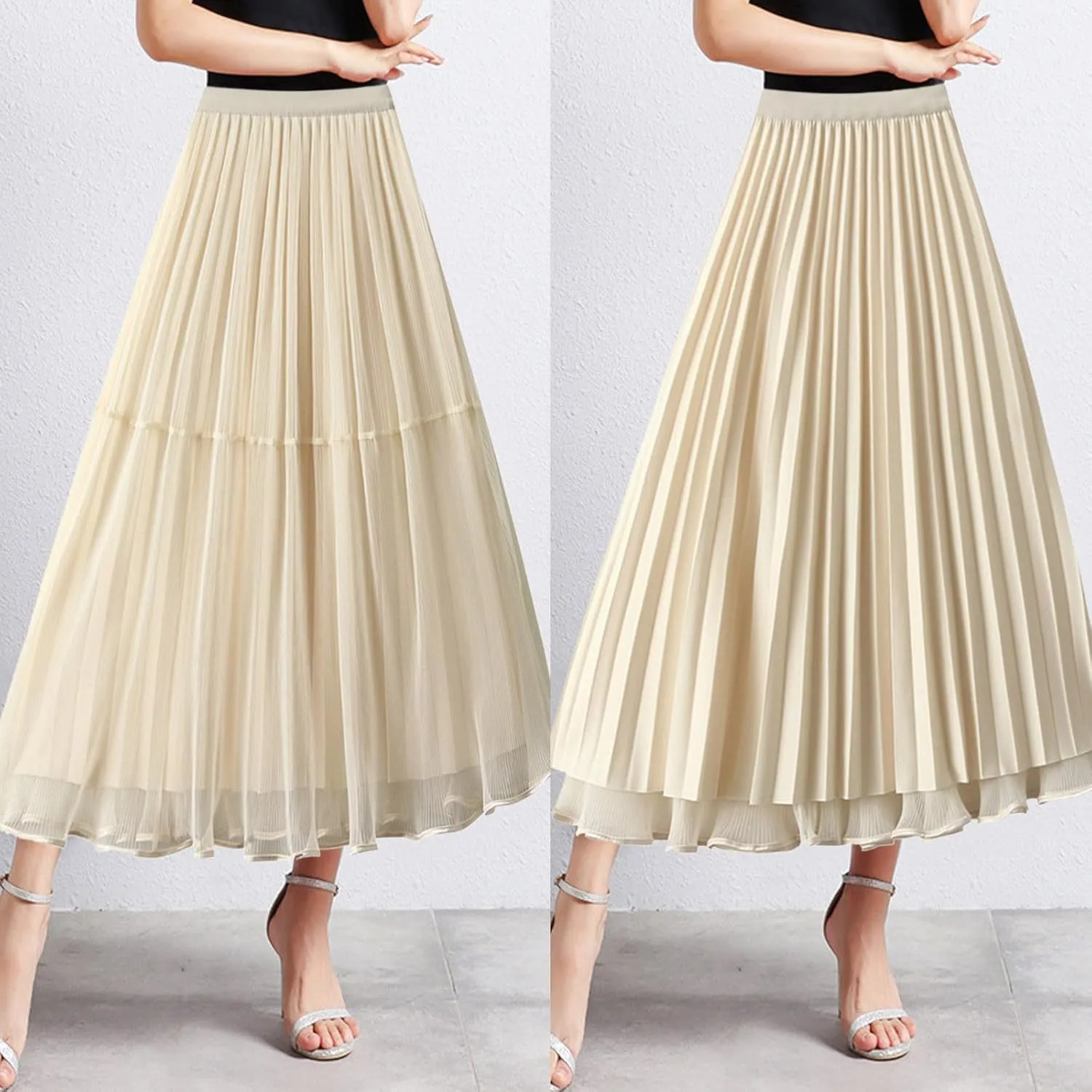 Womens Tulle Ruffle Pleated Skirts Fashion Solid Versatile A Line Maxi Skirt Holiday High Waisted Reversible Skirts