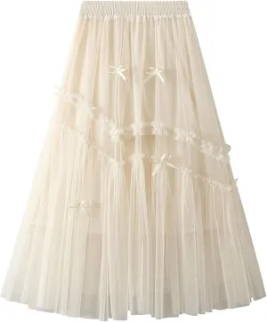 Womens Tulle Ruffle Pleated Skirts Fashion Solid Versatile A Line Maxi Skirt Holiday High Waisted Reversible Skirts