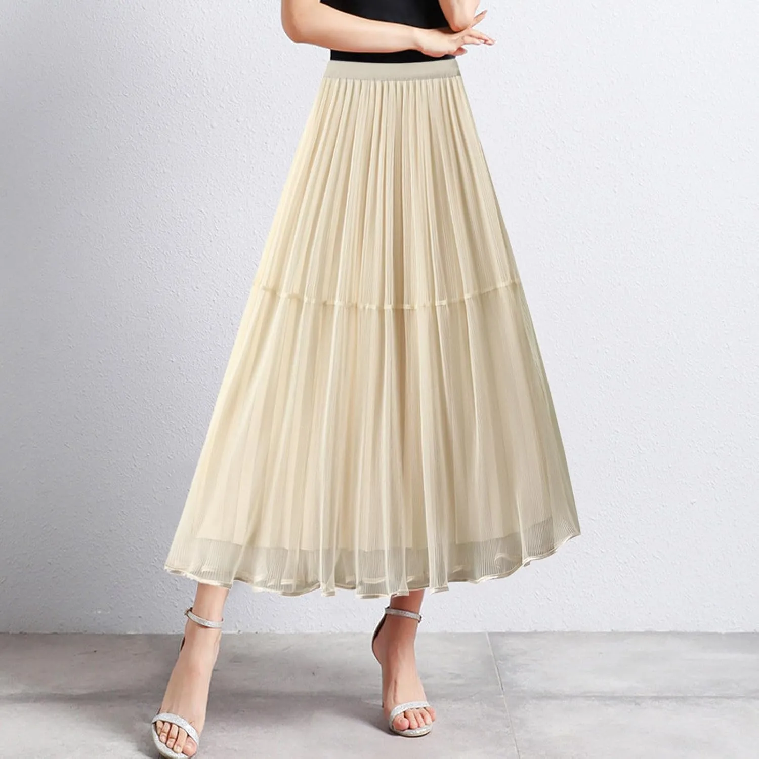 Womens Tulle Ruffle Pleated Skirts Fashion Solid Versatile A Line Maxi Skirt Holiday High Waisted Reversible Skirts