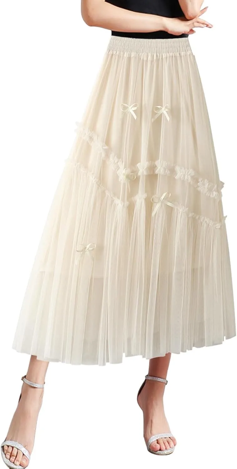 Womens Tulle Ruffle Pleated Skirts Fashion Solid Versatile A Line Maxi Skirt Holiday High Waisted Reversible Skirts