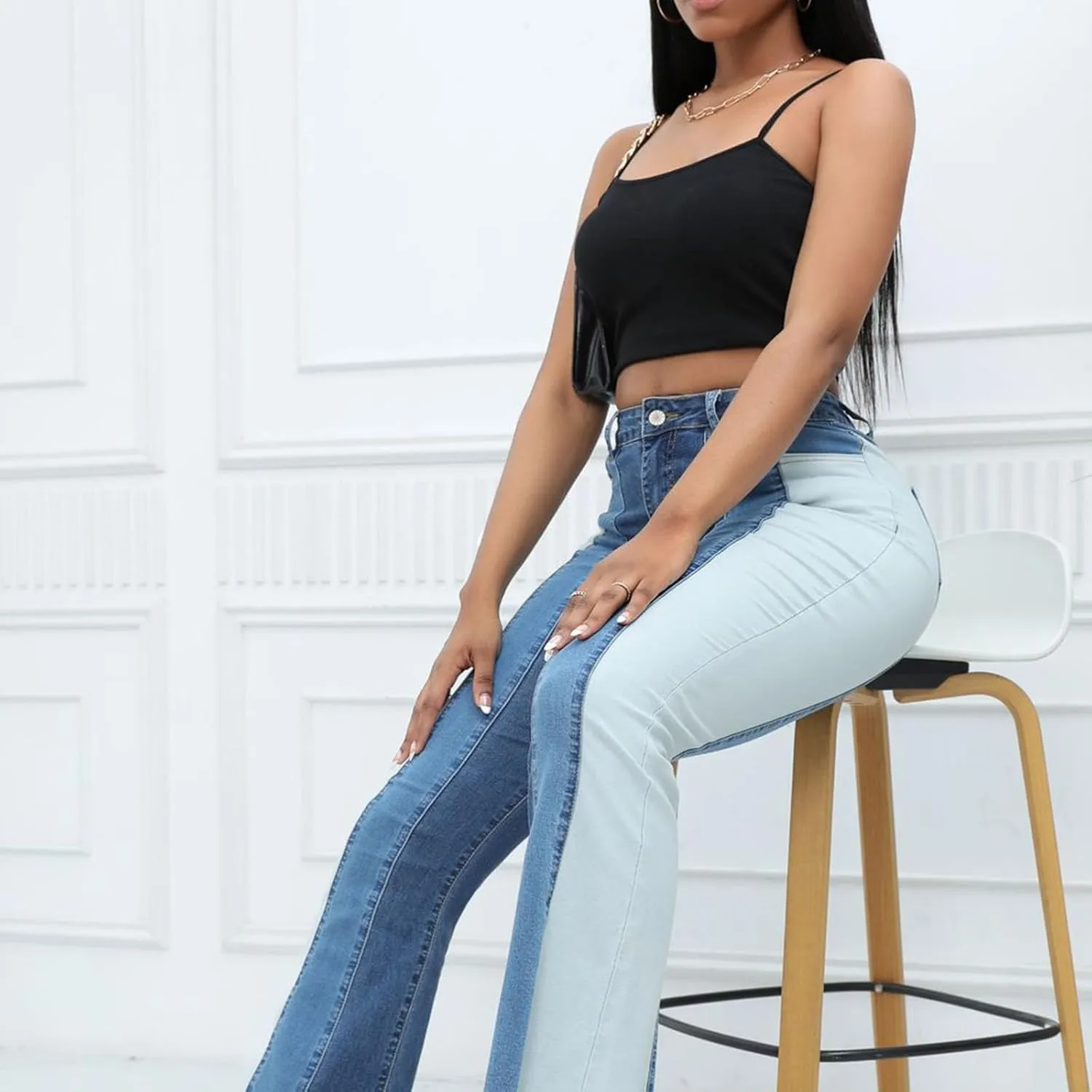 Women's Vintage Y2K Streetwear High Waist Patchwork Flare Jeans Classic Stretchy Wide Leg Trousers Casual Denim Pants